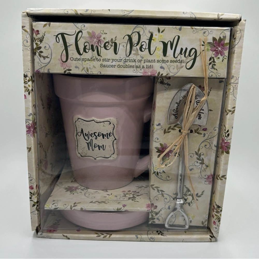 Divinity Boutique Awesome Mom Flower Pot Mug w/ Spoon & Saucer Gift Set New